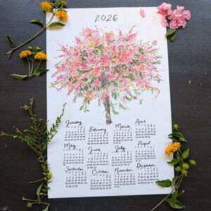 Watercolor Tree Calendar 2026: Rainbow Shower Art Print, Home Office Decor